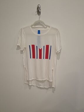 Kit and Ace Cashmere Blend White Tee with Red & Blue Vertical Stripes
